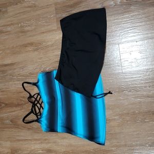 (L) Striped Two Piece Matching Tankini Swimsuit Skirt and Top Strappy Ruched